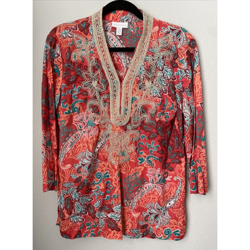 Charter Club Tunic Top Blouse Cotton Embroidered Paisley Size M
